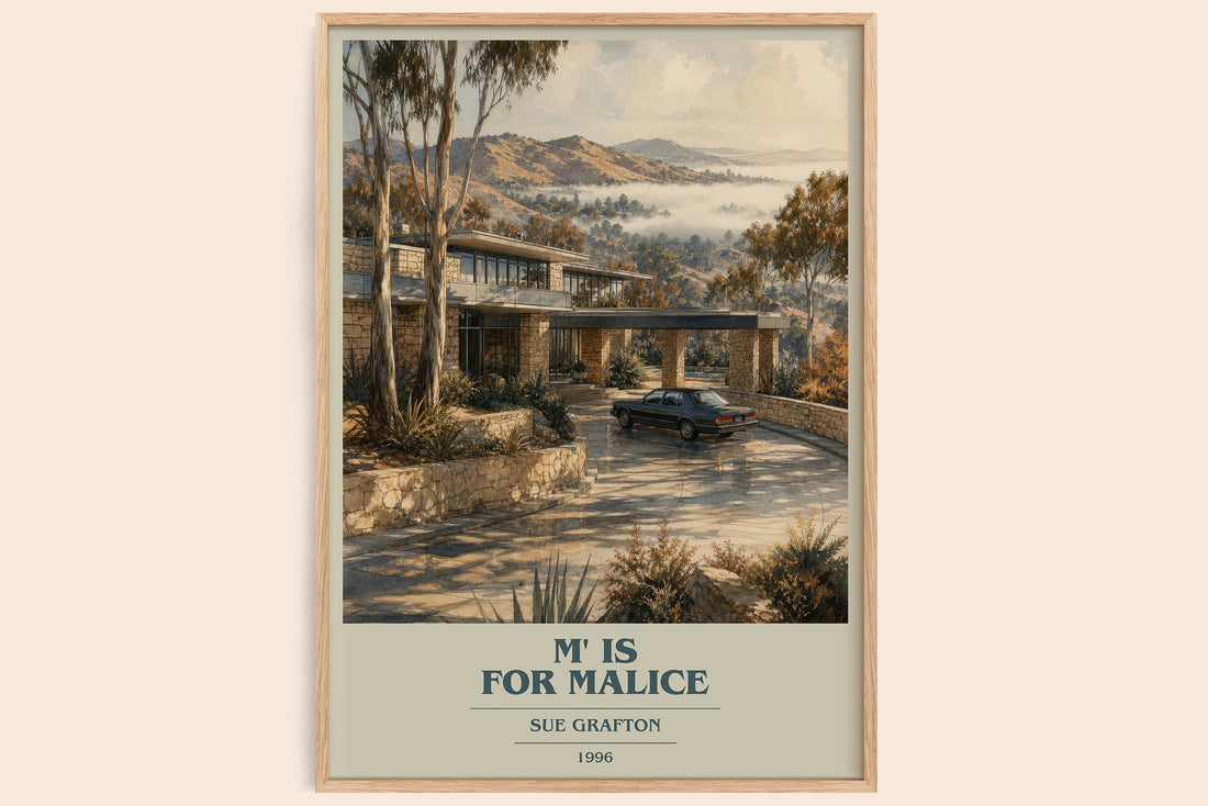 M' Is for Malice book cover book poster by Sue Grafton – framed literary art print