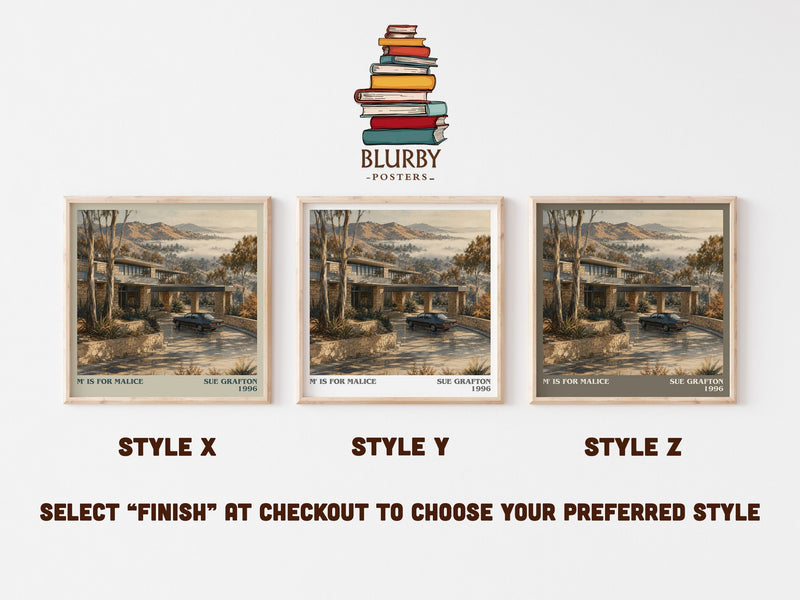 M' Is for Malice literary print in frame leaning in hallway – mystery wall art