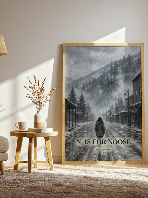 N' Is for Noose watercolour print in frame leaning in hallway – mystery wall art