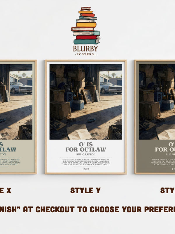 O' Is for Outlaw bookish print in frame leaning in hallway – mystery wall art