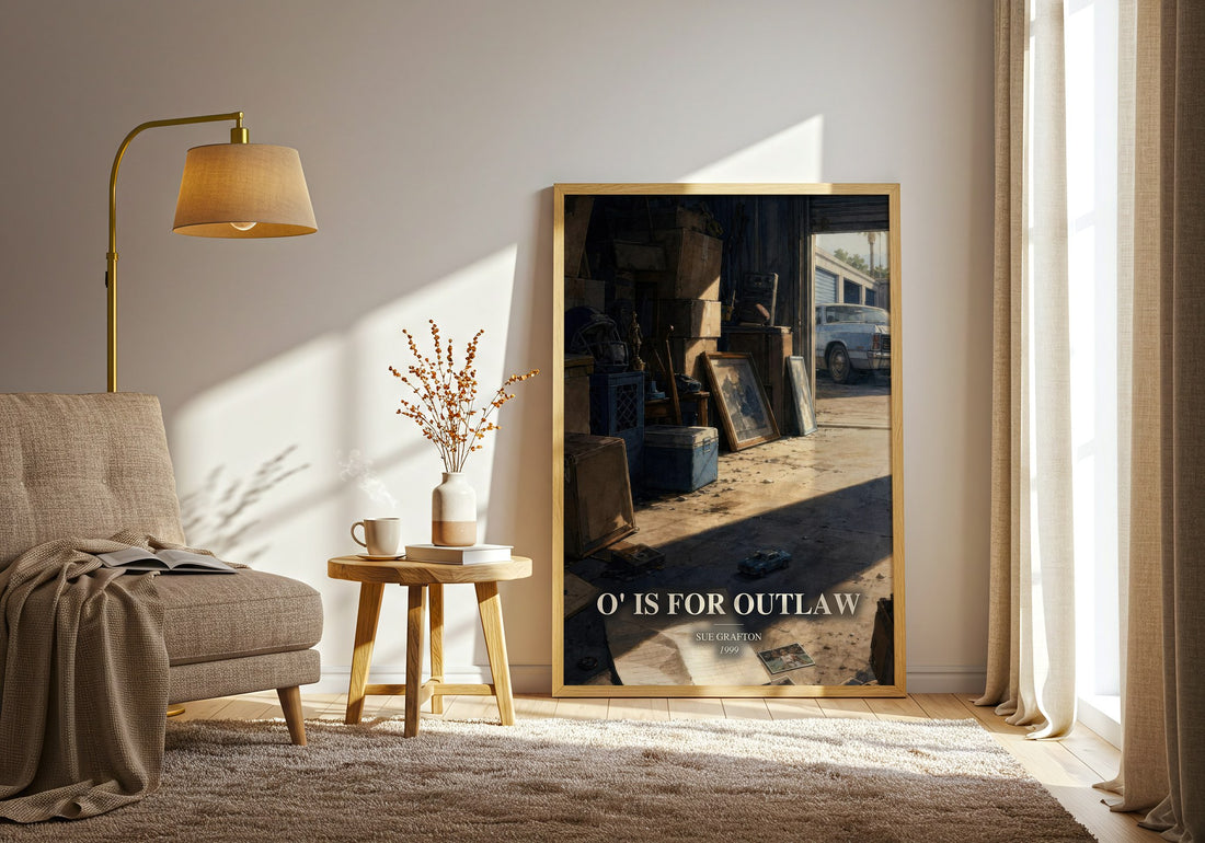 O' Is for Outlaw watercolour print in frame leaning in hallway – mystery wall art (mockup)