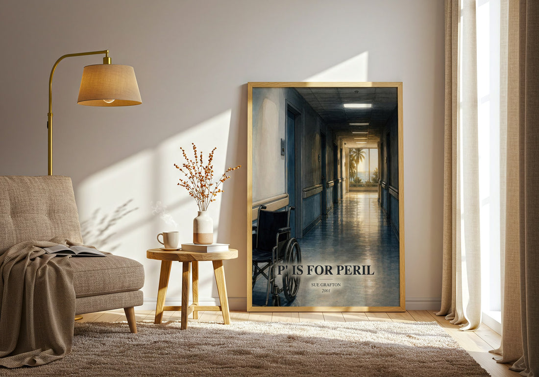 P' Is for Peril watercolour print in frame leaning in hallway – mystery wall art (mockup)