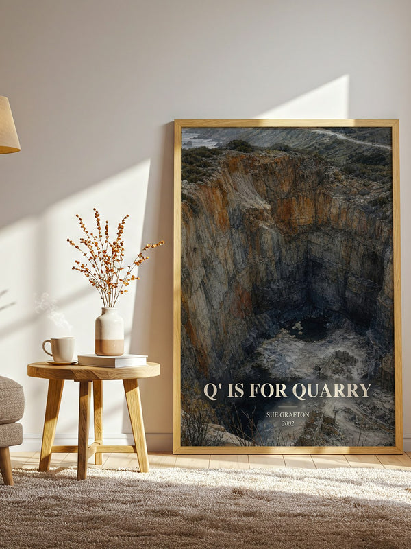 Q' Is for Quarry watercolour print in frame leaning in hallway – mystery wall art