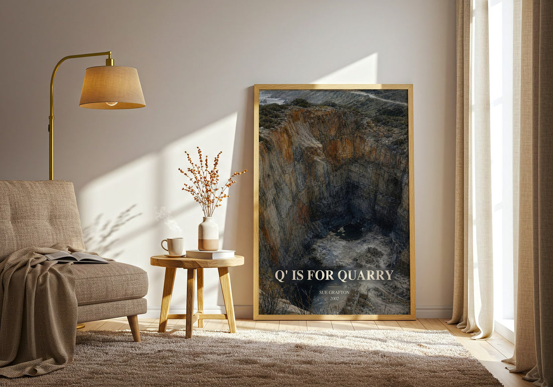 Q' Is for Quarry watercolour print in frame leaning in hallway – mystery wall art (mockup)