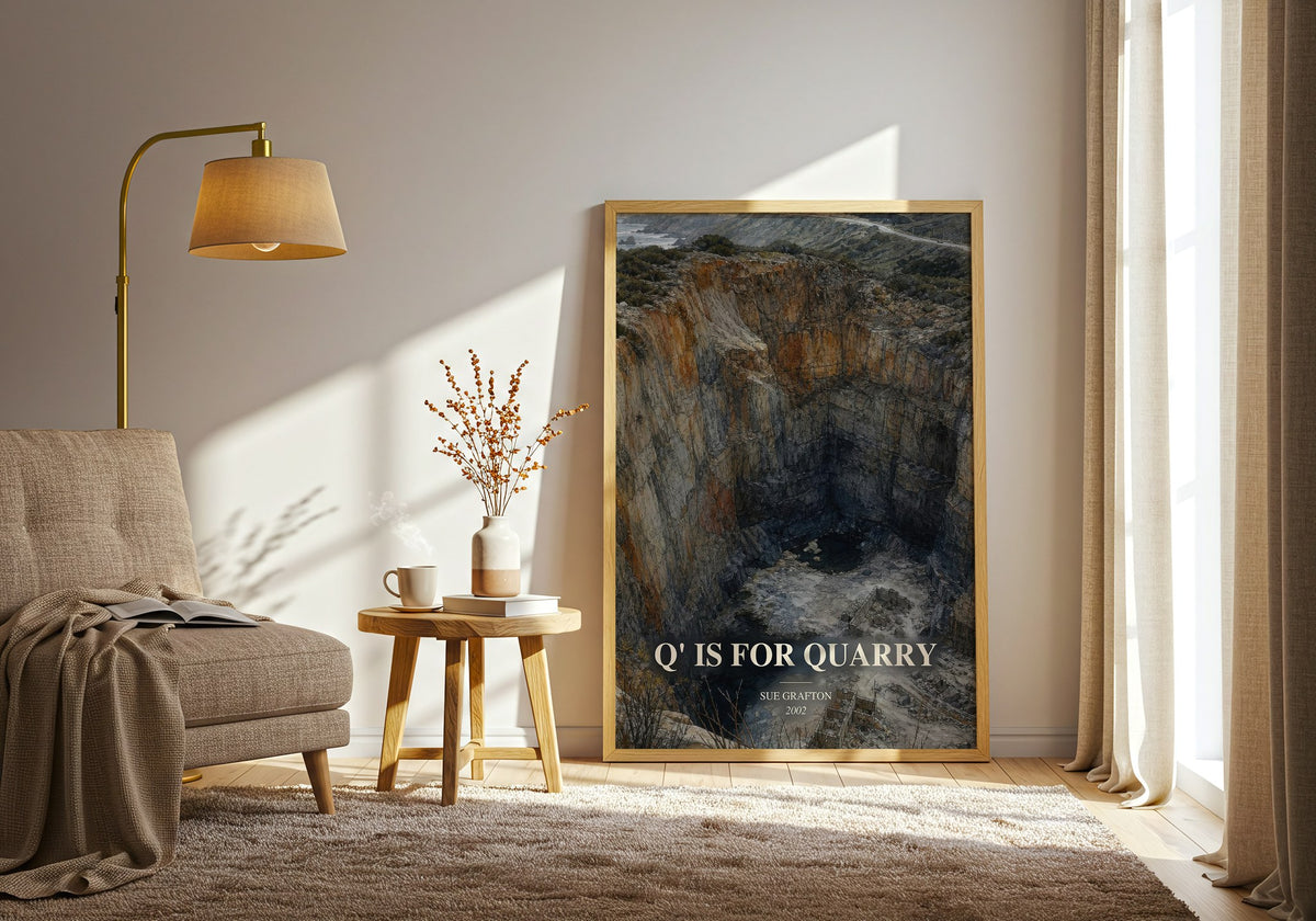Q' Is for Quarry watercolour print in frame leaning in hallway – mystery wall art (mockup)