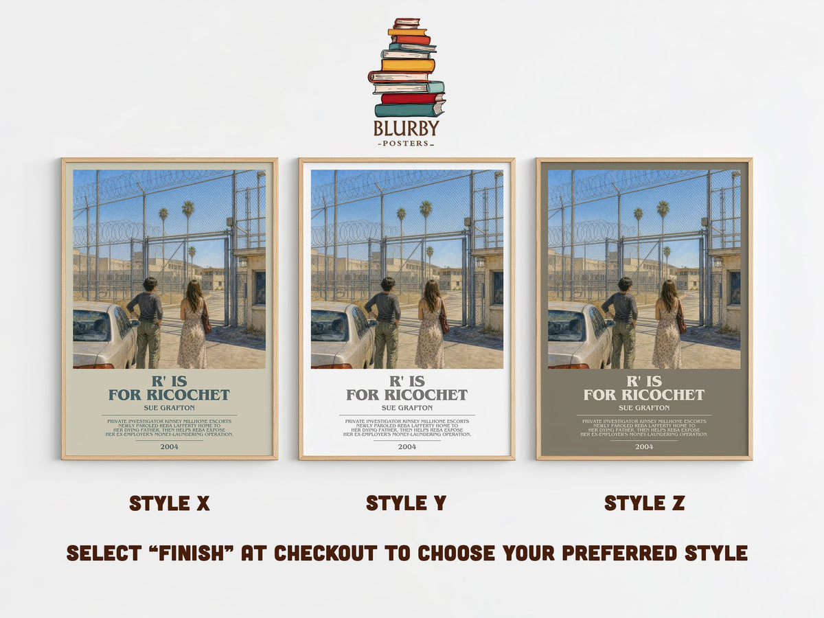R' Is for Ricochet bookish print in frame leaning in hallway – mystery wall art (mockup)