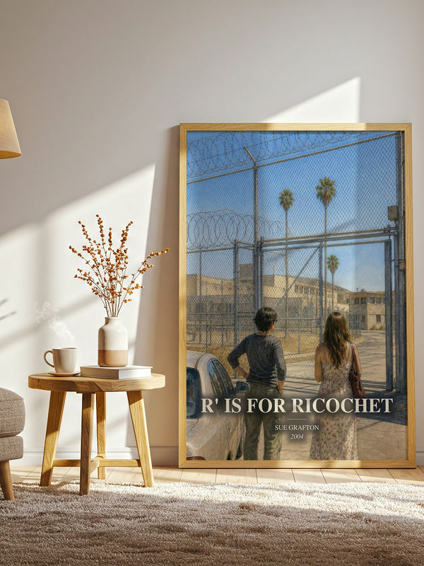 R' Is for Ricochet watercolour print in frame leaning in hallway – mystery wall art