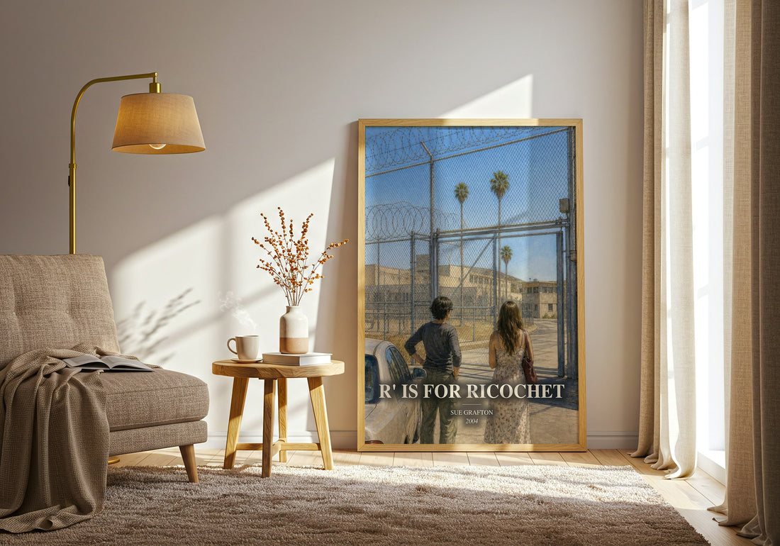 R' Is for Ricochet watercolour print in frame leaning in hallway – mystery wall art (mockup)