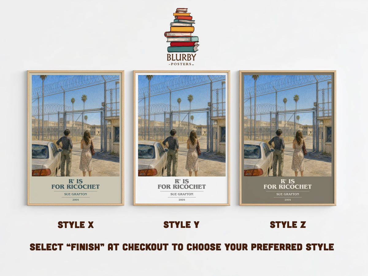 R' Is for Ricochet book cover print in frame leaning in hallway – mystery wall art (mockup)