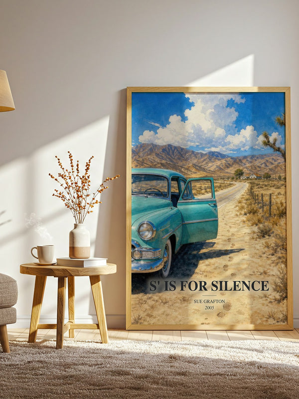 S' Is for Silence watercolour print in frame leaning in hallway – mystery wall art