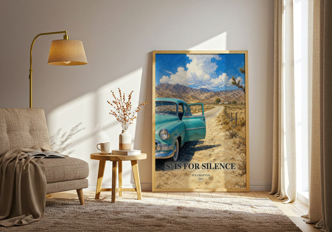S' Is for Silence watercolour print in frame leaning in hallway – mystery wall art (mockup)