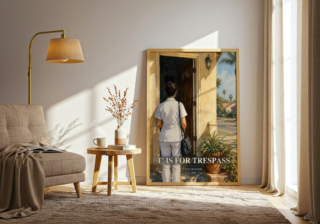 T' Is for Trespass watercolour print in frame leaning in hallway – mystery wall art (mockup)