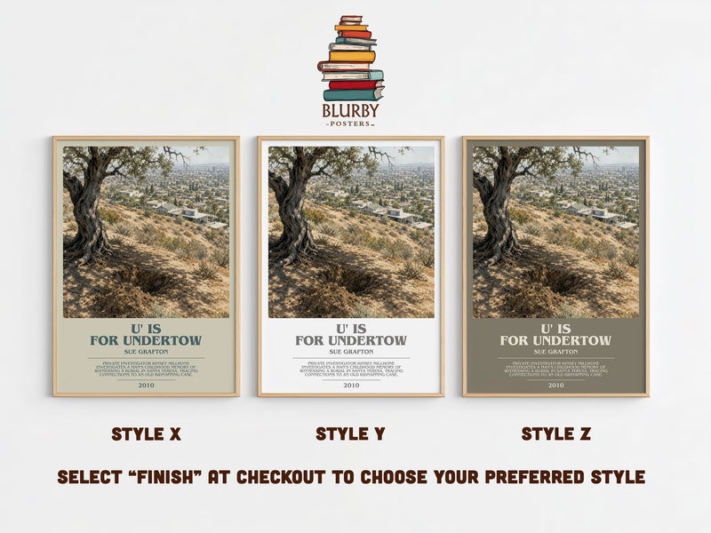 U' Is for Undertow bookish print in frame leaning in hallway – mystery wall art
