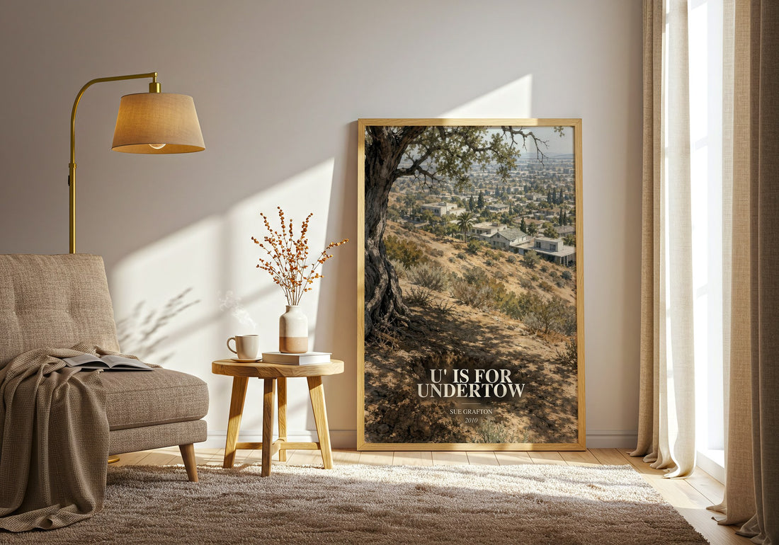 U' Is for Undertow watercolour print in frame leaning in hallway – mystery wall art (mockup)