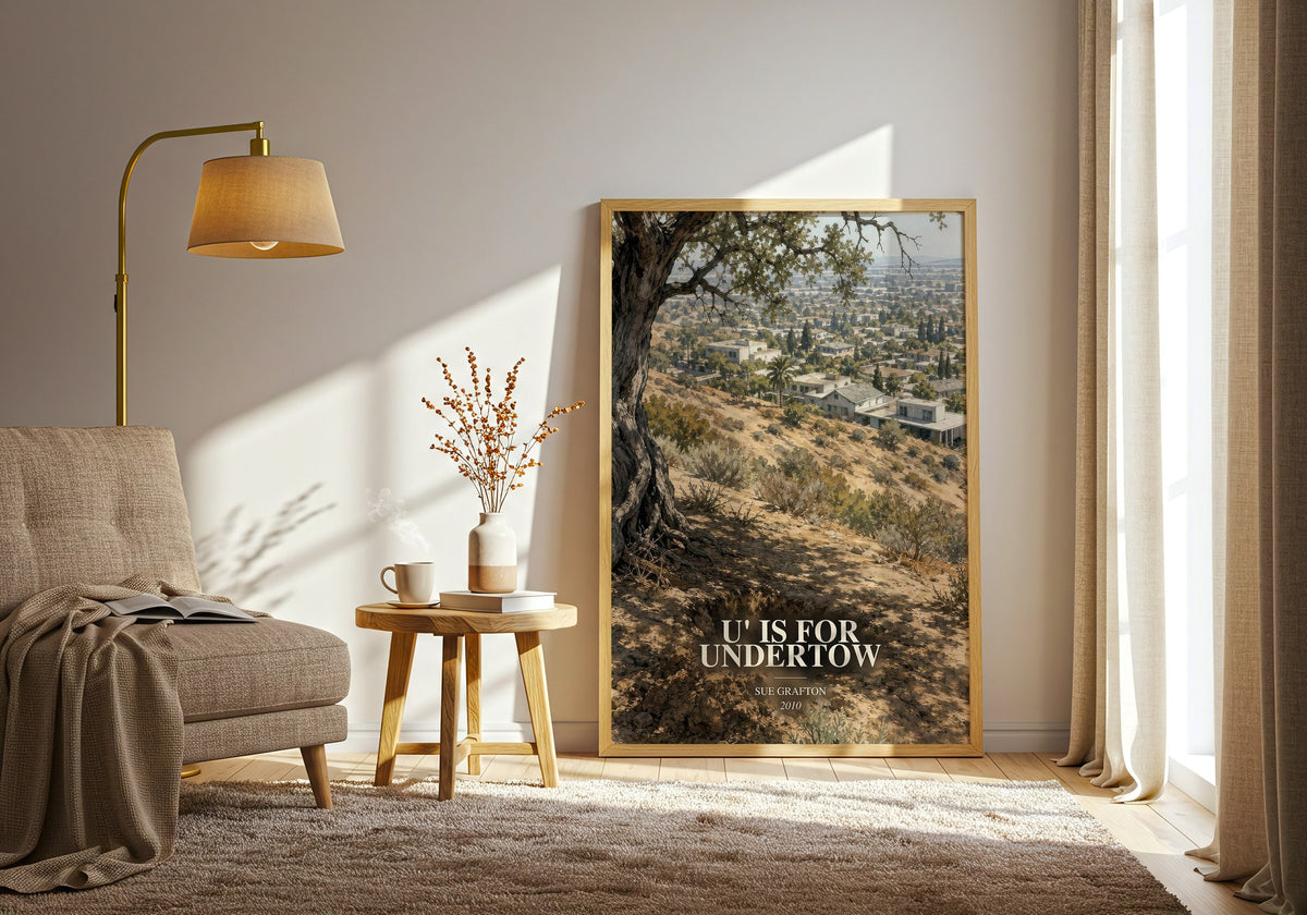 U' Is for Undertow watercolour print in frame leaning in hallway – mystery wall art (mockup)