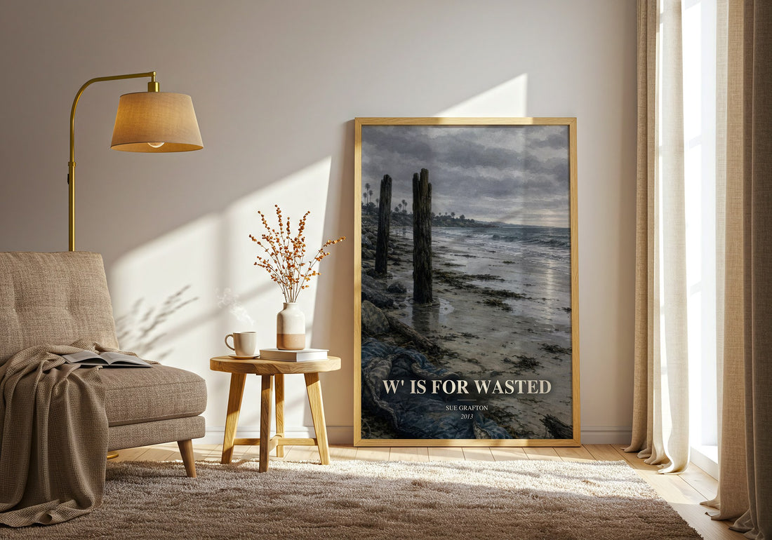 W' Is for Wasted watercolour print in frame leaning in hallway – mystery wall art (mockup)