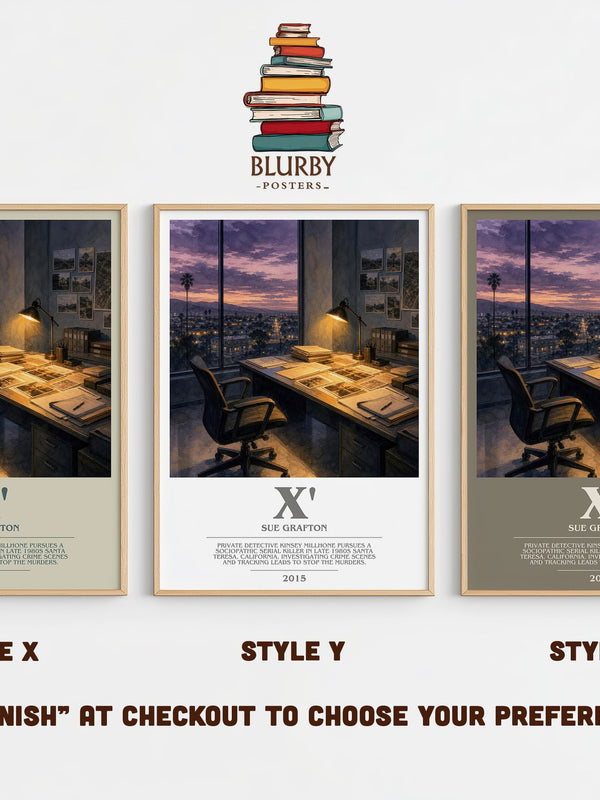 X' bookish print in frame leaning in hallway – mystery wall art