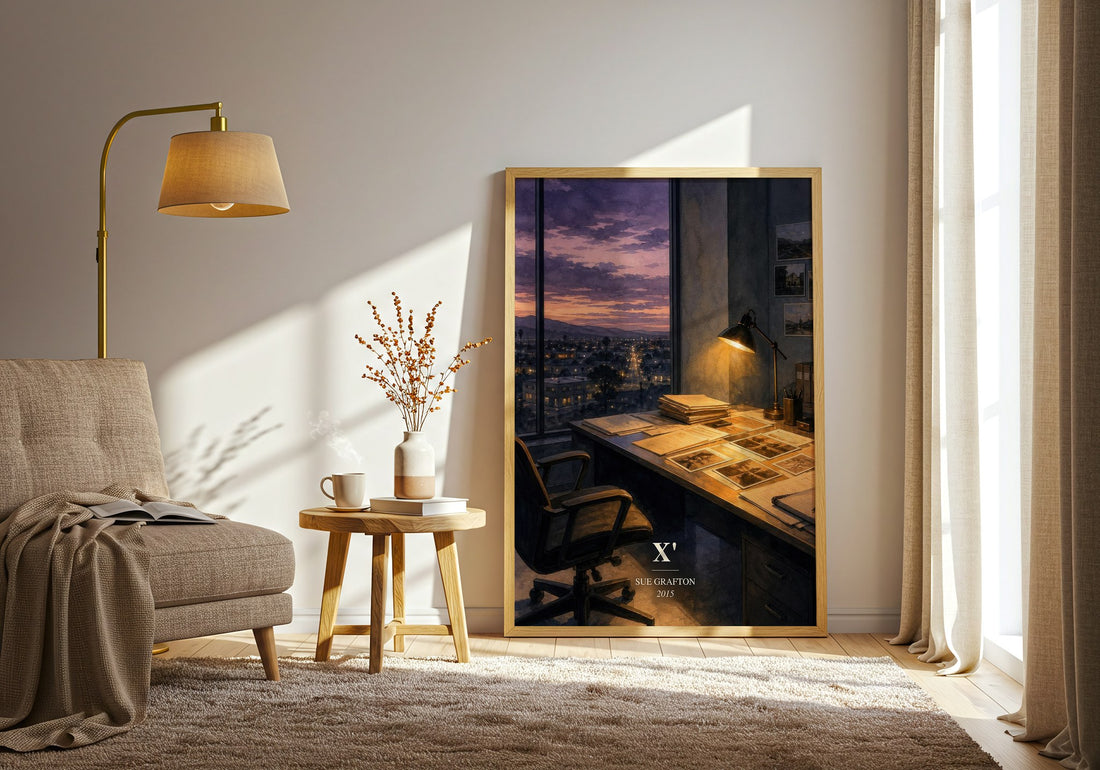 X' watercolour print in frame leaning in hallway – mystery wall art (mockup)