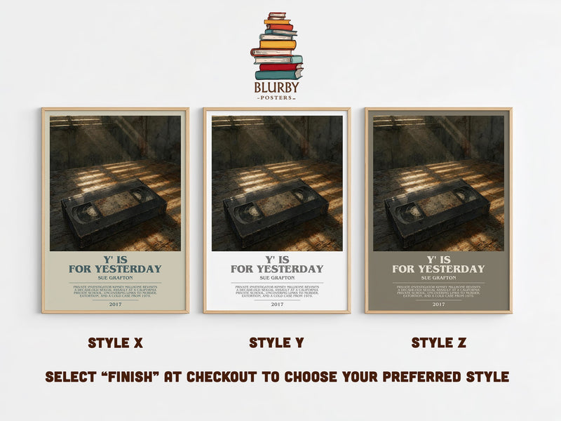 Y' Is for Yesterday bookish print in frame leaning in hallway – mystery wall art