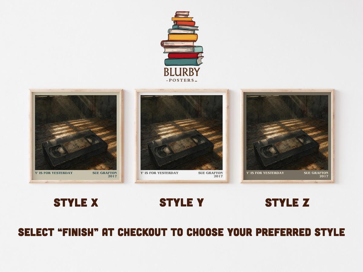 Y' Is for Yesterday literary print in frame leaning in hallway – mystery wall art (mockup)
