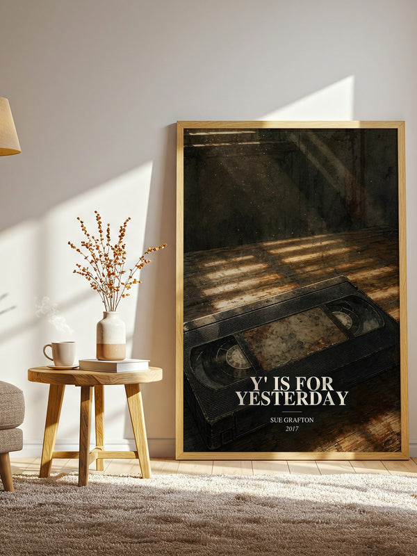 Y' Is for Yesterday watercolour print in frame leaning in hallway – mystery wall art