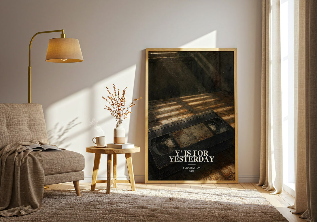 Y' Is for Yesterday watercolour print in frame leaning in hallway – mystery wall art (mockup)