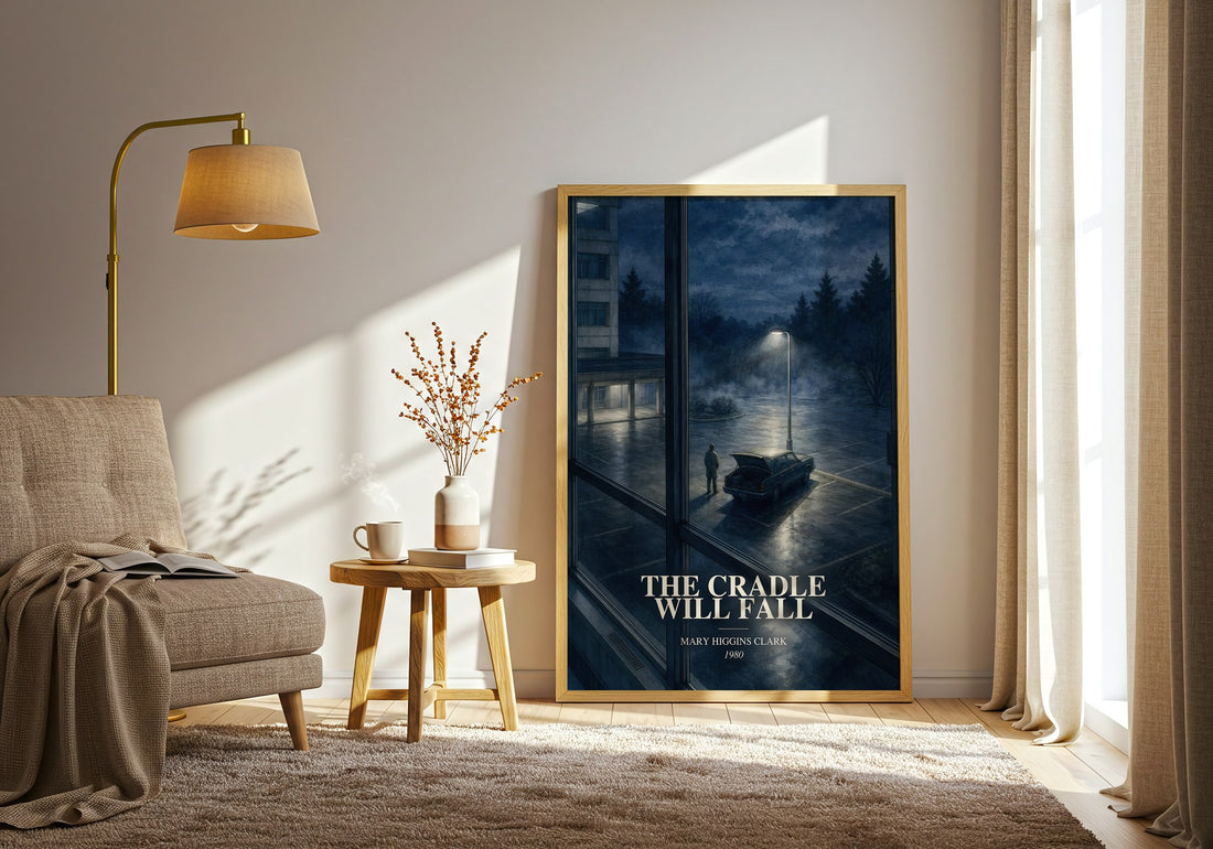 The Cradle Will Fall watercolour print in frame leaning in hallway – thriller wall art (mockup)