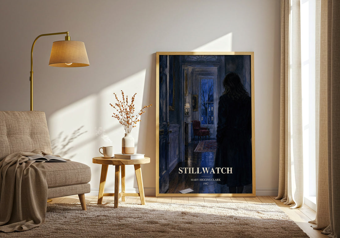 Stillwatch watercolour print in frame leaning in hallway – thriller wall art (mockup)