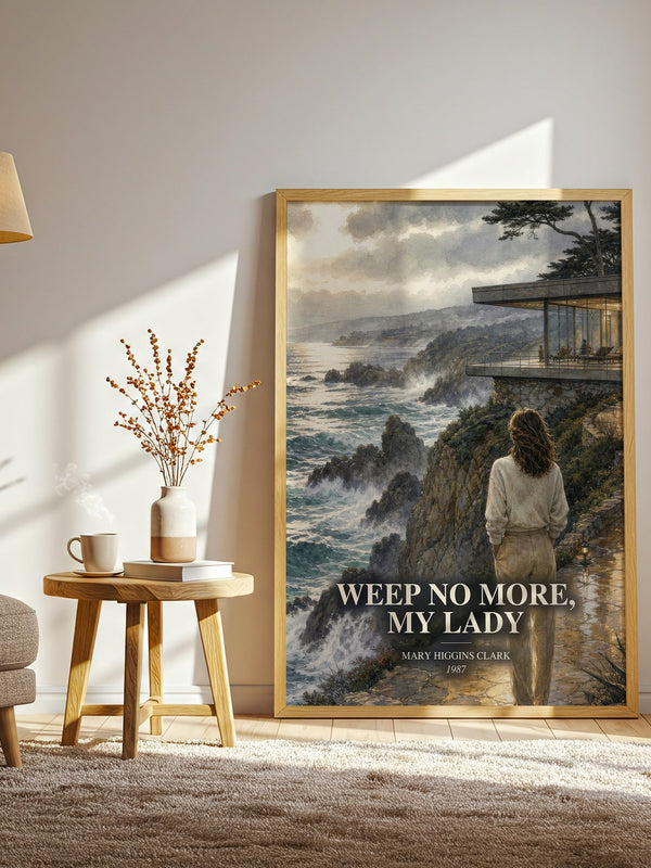 Weep No More, My Lady watercolour print in frame leaning in hallway – mystery wall art
