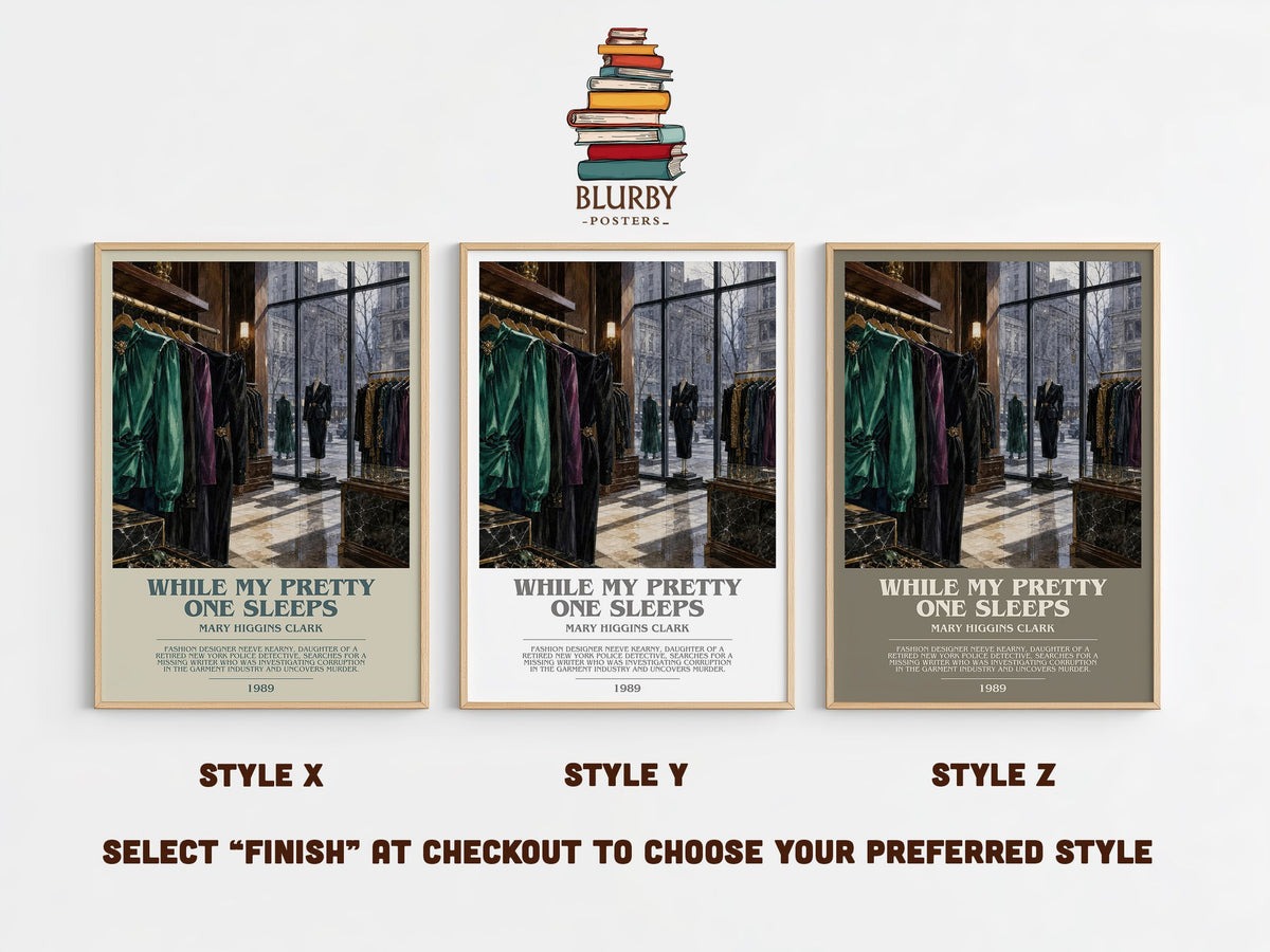 While My Pretty One Sleeps bookish print in frame leaning in hallway – mystery wall art (mockup)