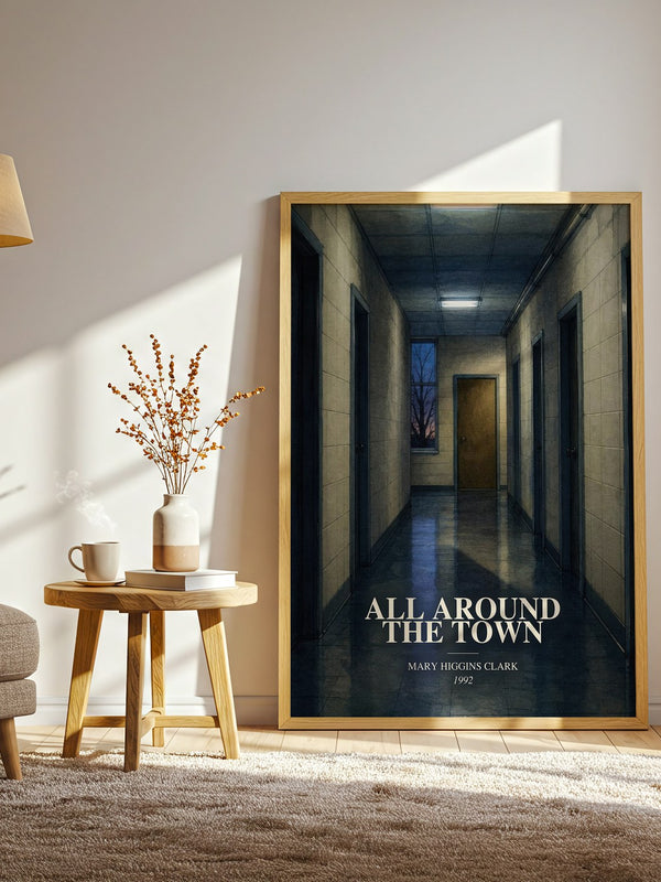 All Around the Town watercolour print in frame leaning in hallway – thriller wall art