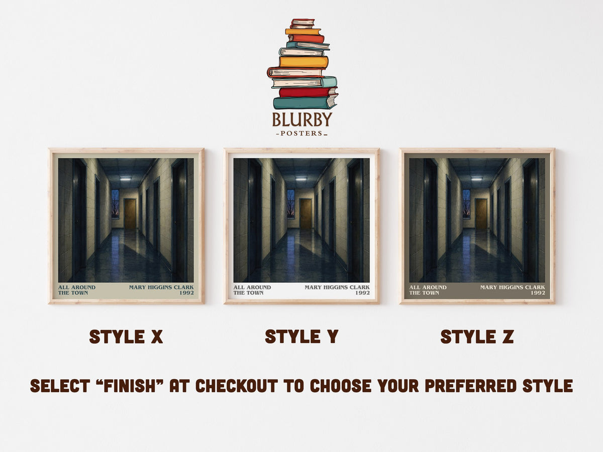 All Around the Town literary print in frame leaning in hallway – thriller wall art (mockup)