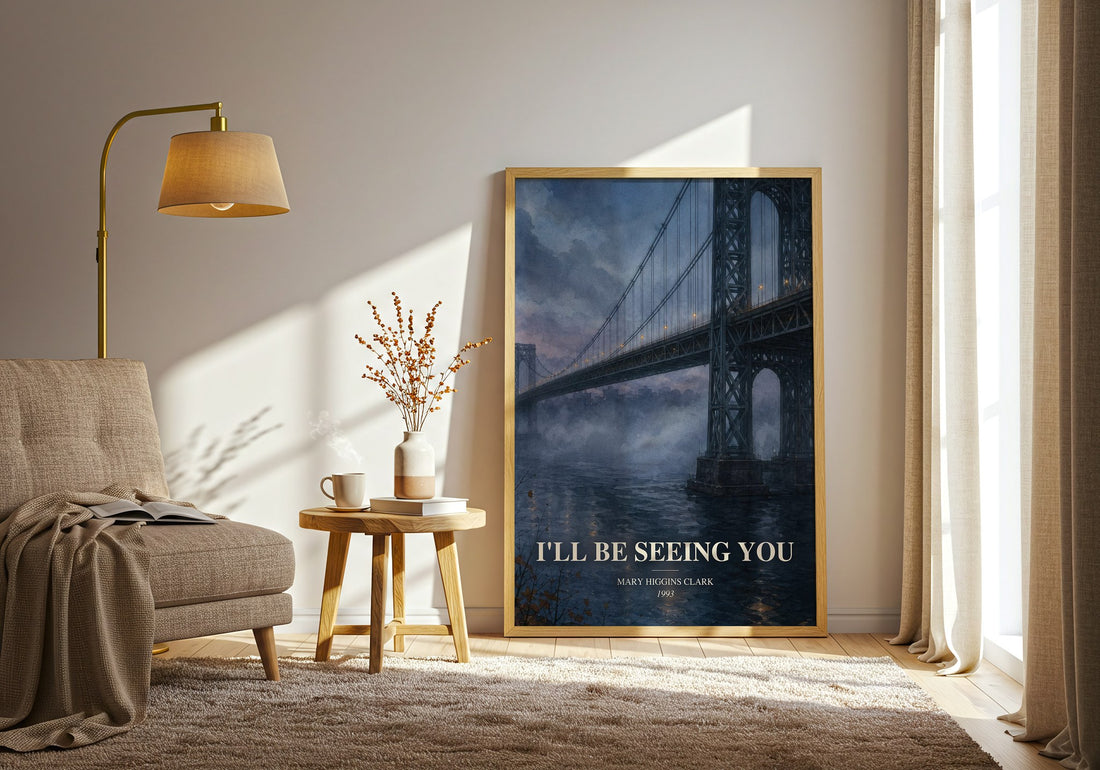 I'll Be Seeing You watercolour print in frame leaning in hallway – thriller wall art (mockup)
