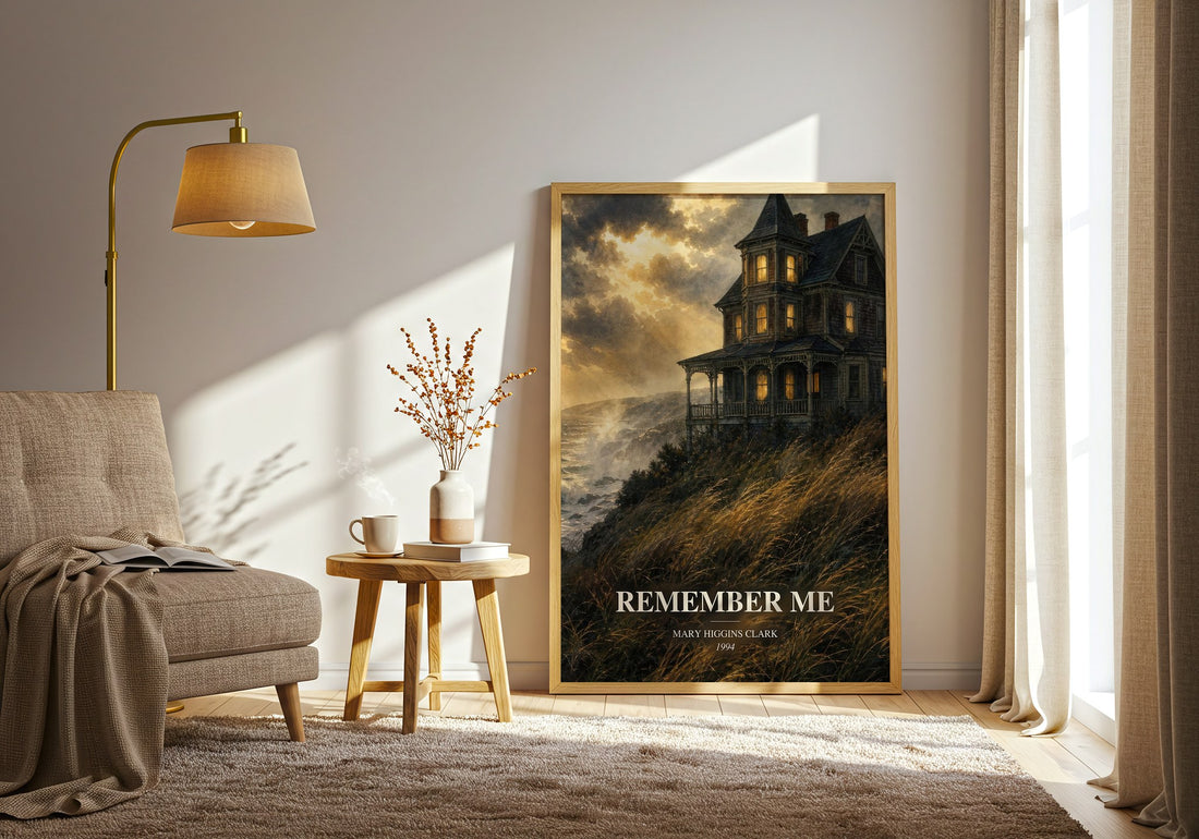 Remember Me watercolour print in frame leaning in hallway – thriller wall art (mockup)