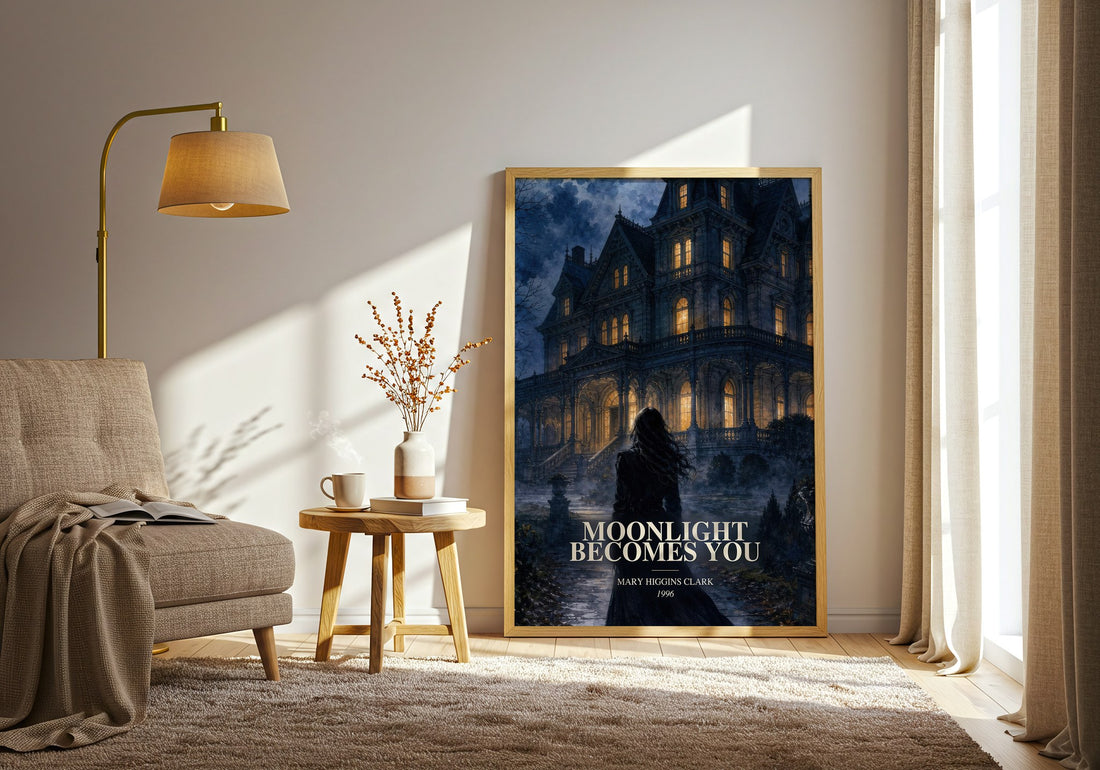 Moonlight Becomes You watercolour print in frame leaning in hallway – mystery wall art (mockup)