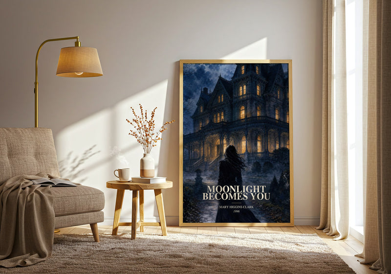 Moonlight Becomes You watercolour print in frame leaning in hallway – mystery wall art