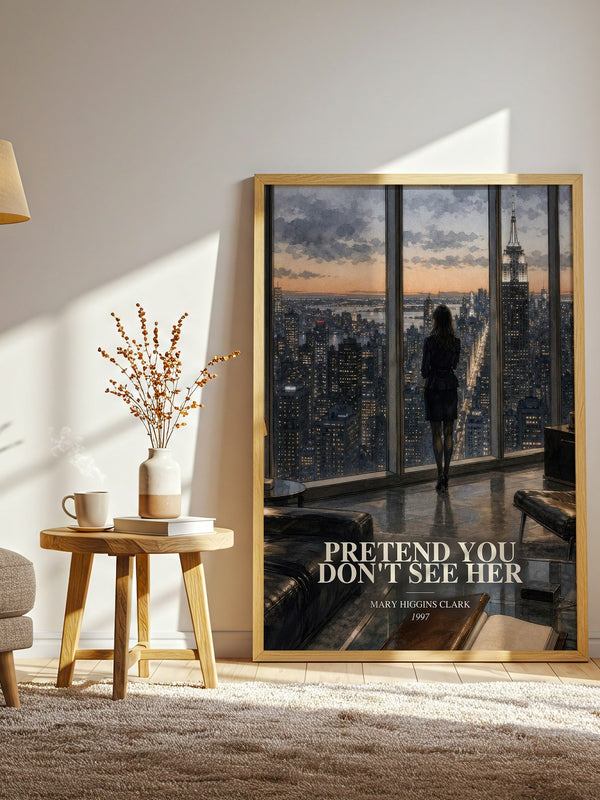 Pretend You Don't See Her watercolour print in frame leaning in hallway – thriller wall art
