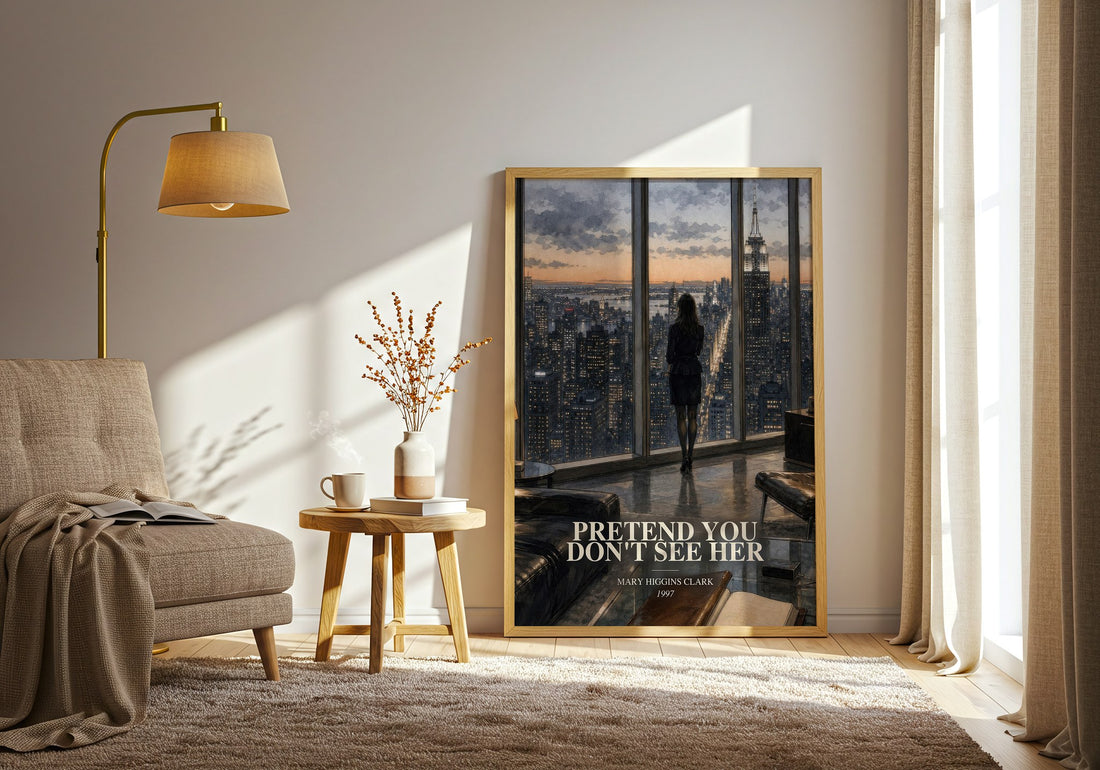 Pretend You Don't See Her watercolour print in frame leaning in hallway – thriller wall art (mockup)