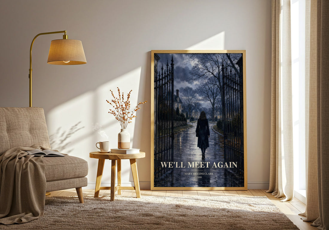 We'll Meet Again watercolour print in frame leaning in hallway – mystery wall art (mockup)