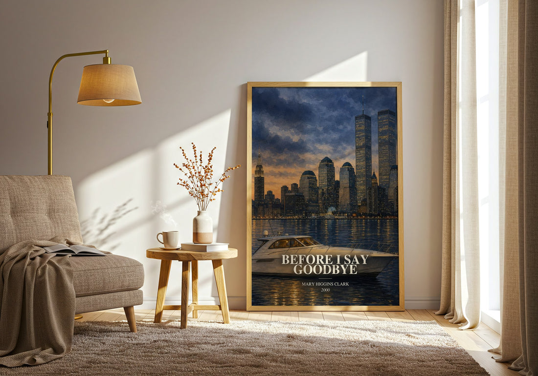 Before I Say Goodbye watercolour print in frame leaning in hallway – mystery wall art (mockup)