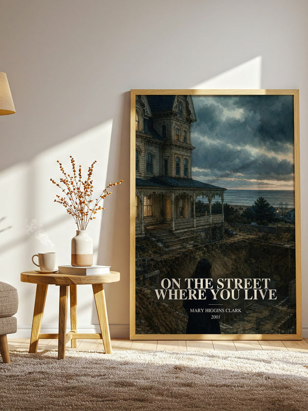 On the Street Where You Live watercolour print in frame leaning in hallway – thriller wall art