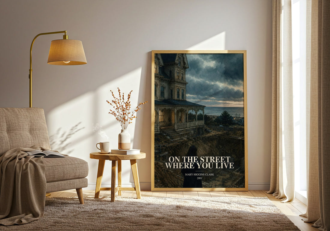 On the Street Where You Live watercolour print in frame leaning in hallway – thriller wall art (mockup)