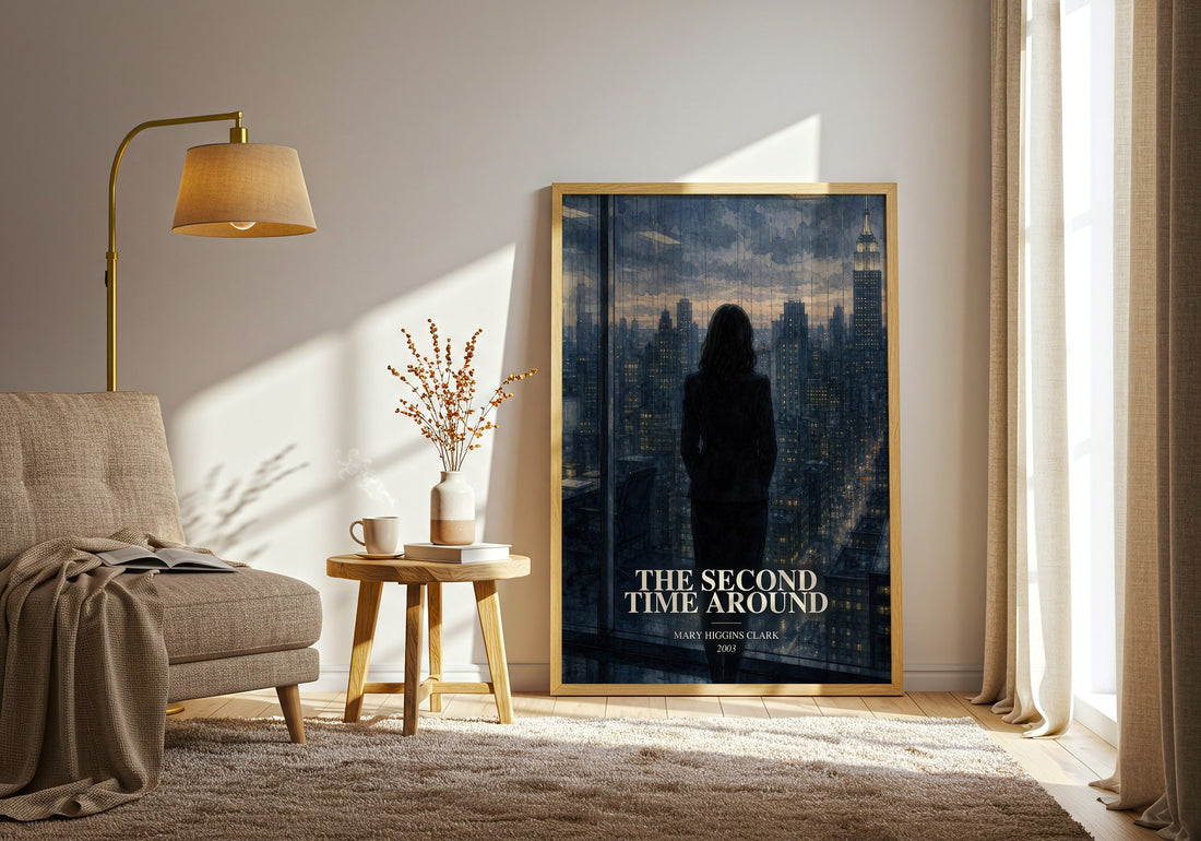 The Second Time Around watercolour print in frame leaning in hallway – mystery wall art (mockup)
