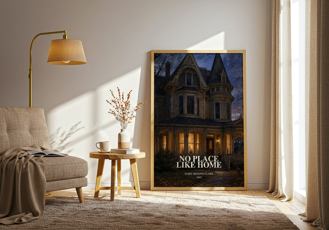 No Place Like Home watercolour print in frame leaning in hallway – thriller wall art (mockup)