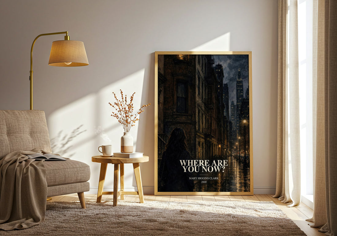 Where Are You Now? watercolour print in frame leaning in hallway – mystery wall art (mockup)