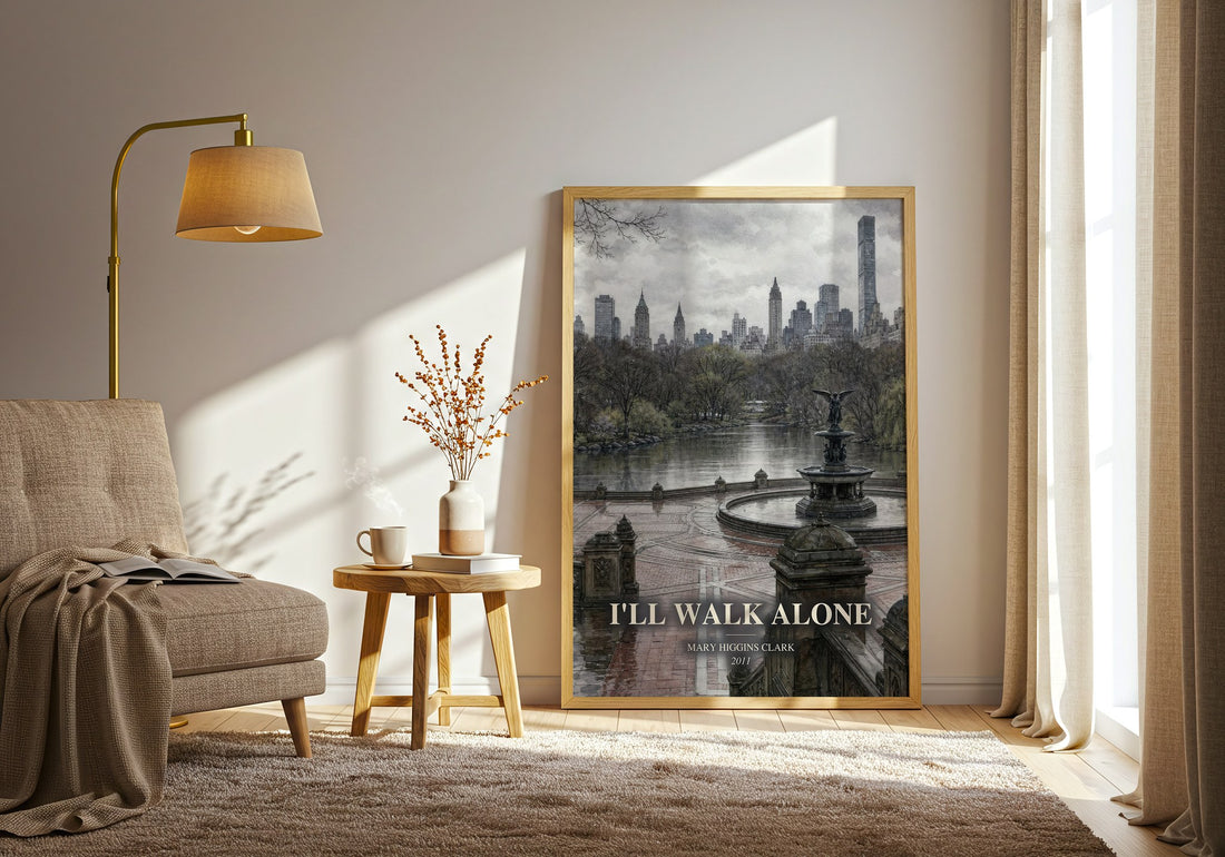 I'll Walk Alone watercolour print in frame leaning in hallway – thriller wall art (mockup)