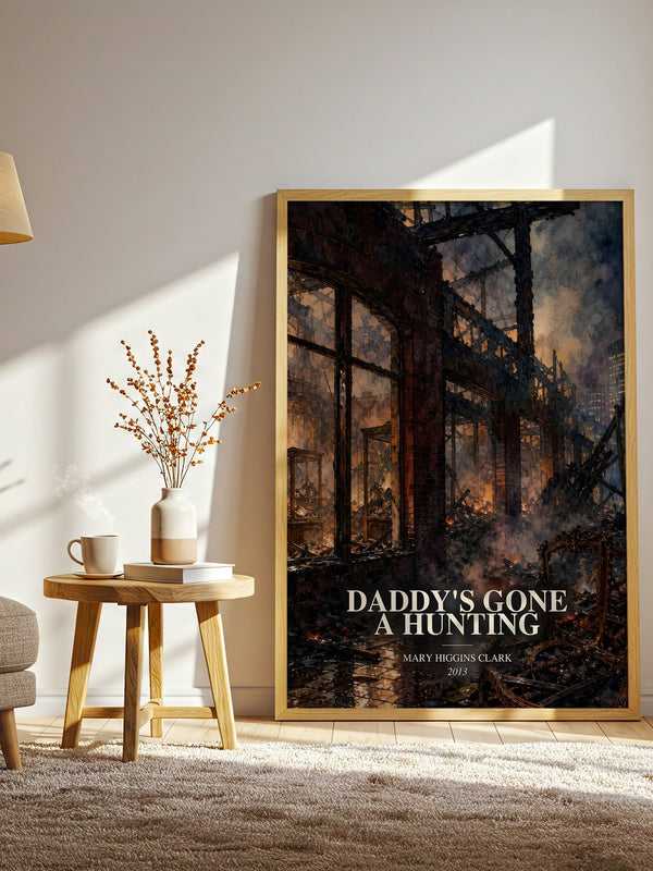 Daddy's Gone A Hunting watercolour print in frame leaning in hallway – thriller wall art