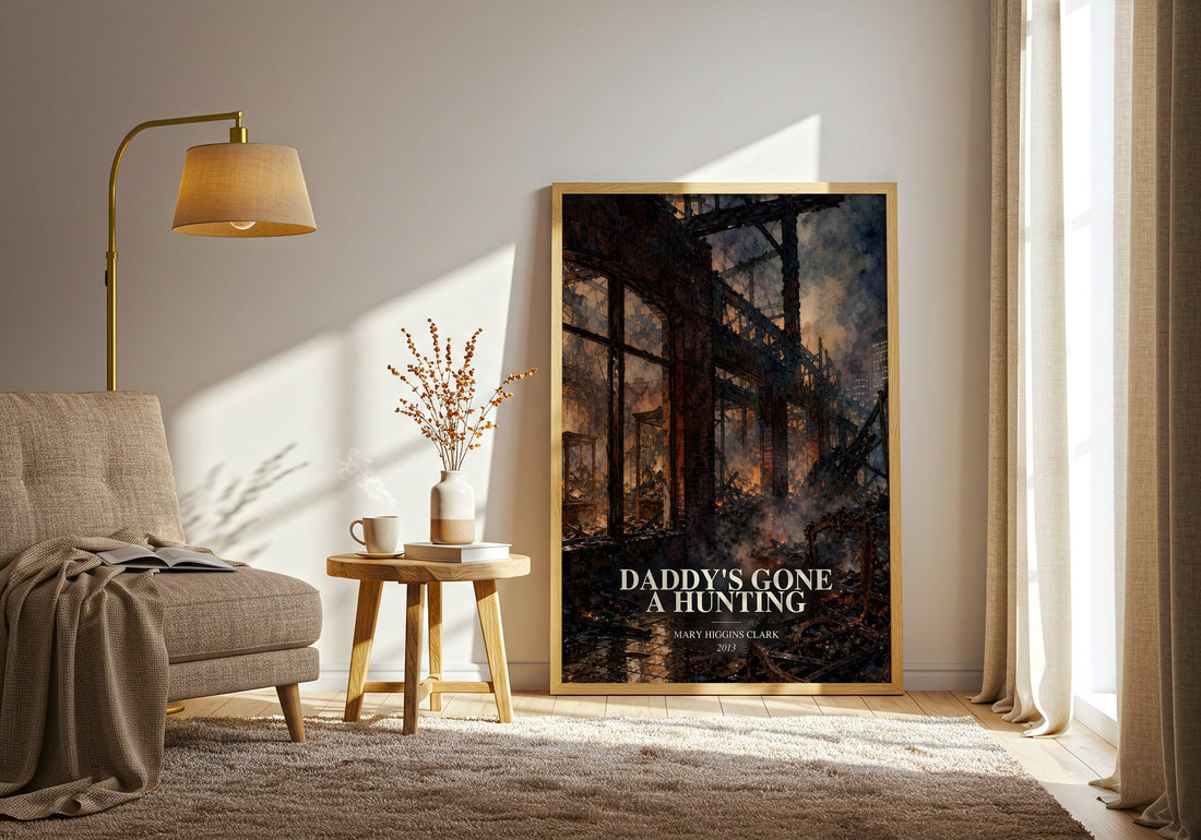 Daddy's Gone A Hunting watercolour print in frame leaning in hallway – thriller wall art (mockup)