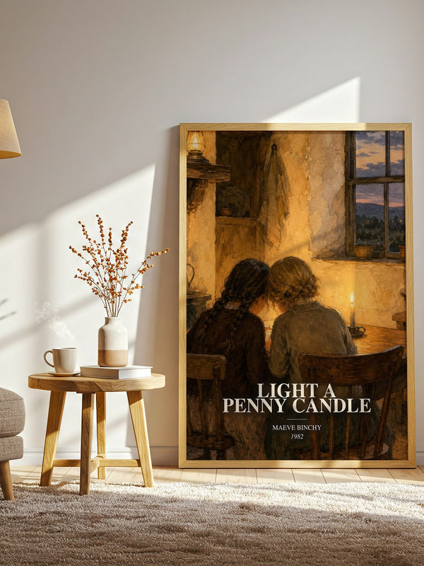 Light a Penny Candle watercolour print in frame leaning in hallway – historical fiction wall art