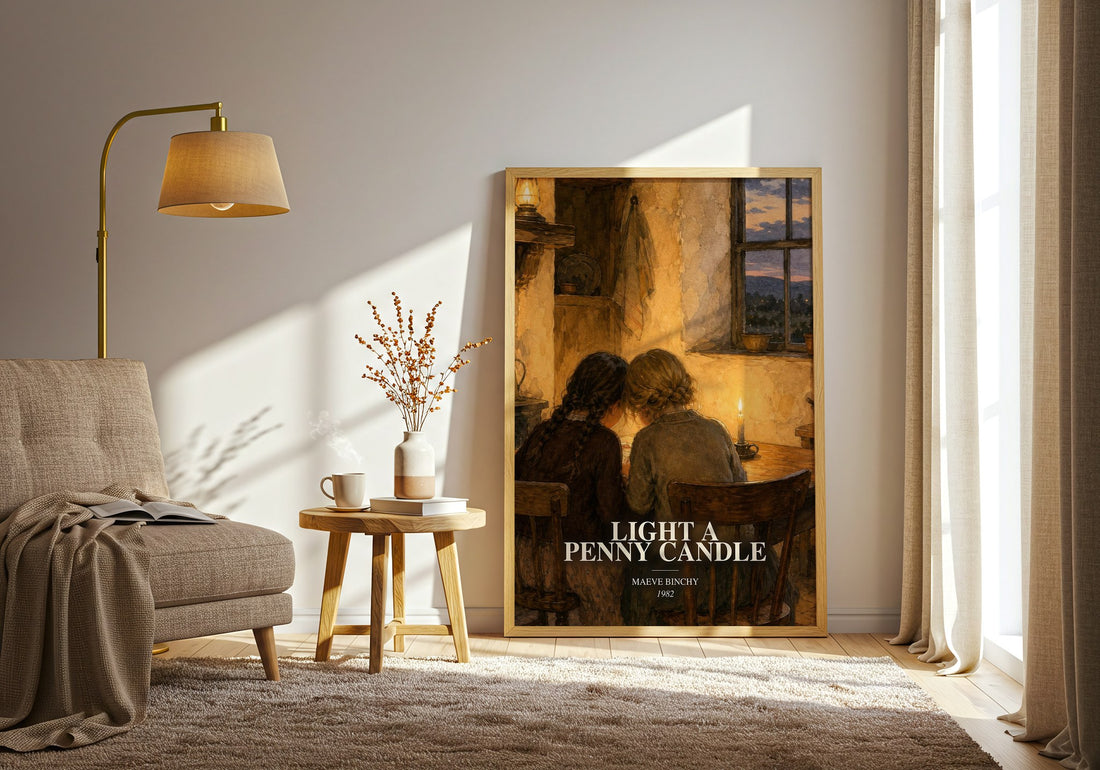 Light a Penny Candle watercolour print in frame leaning in hallway – historical fiction wall art (mockup)